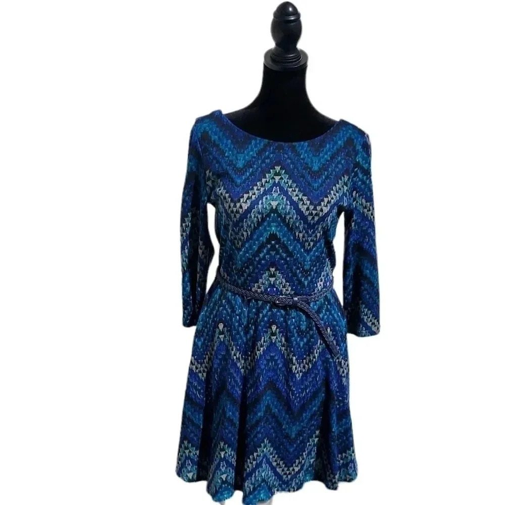 NWT Lily Rose Dress Teal/ Tan/Blue Mini Dress Medium